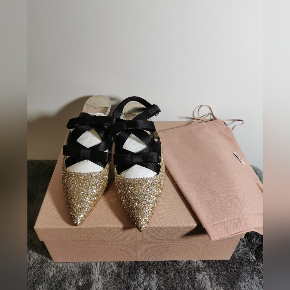 Miu Miu Gold Glitter Mules with Black Straps